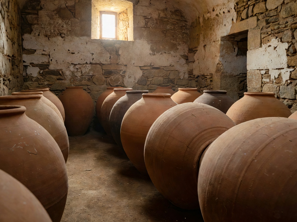 Clay amphora barrels in a traditional Alentejo wine cellar