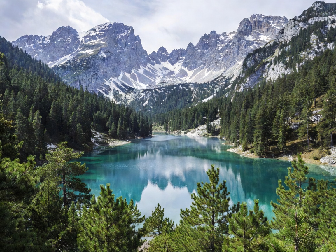 Glacial mountain lake surrounded by pine forests in Durmitor Montenegro