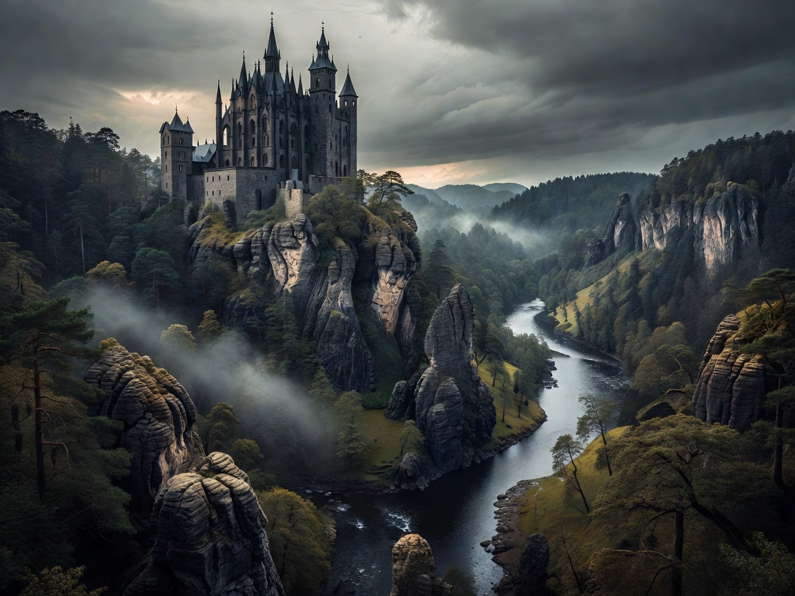 Gothic castle and winding river in Saxon Switzerland Germany