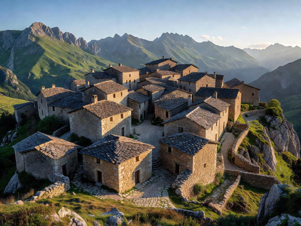 Traditional stone village overlooking green mountain peaks in Picos de Europa