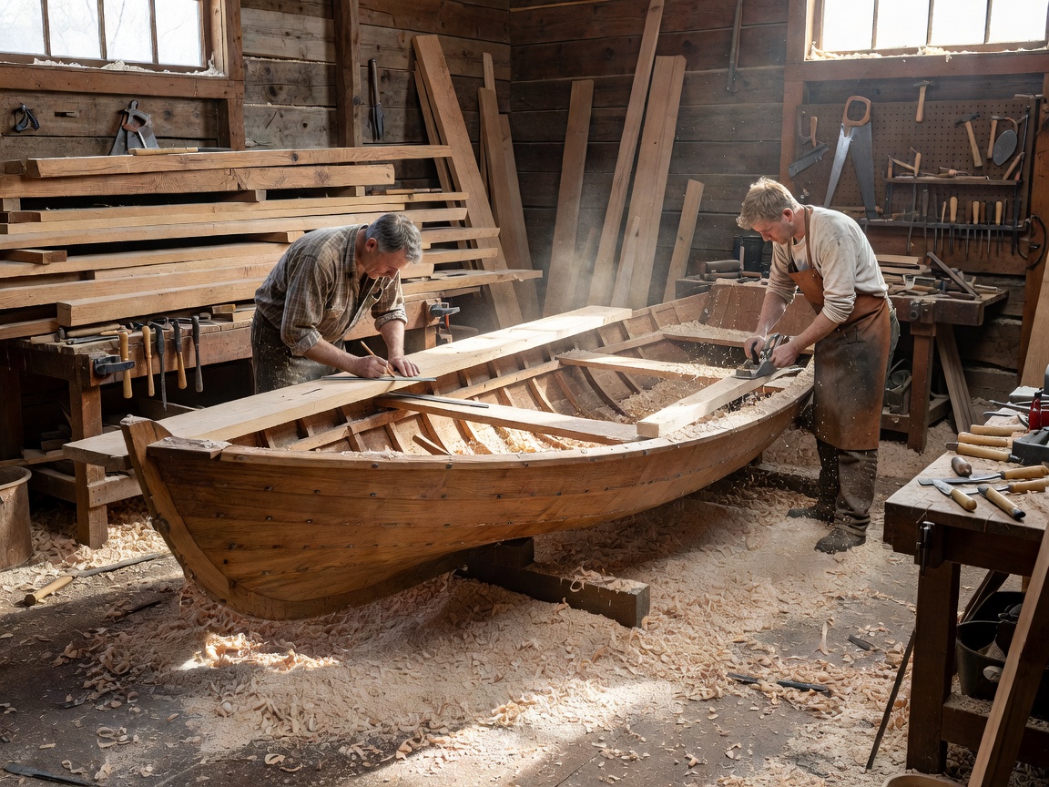 Traditional wooden boat workshop with sawdust and oak planks