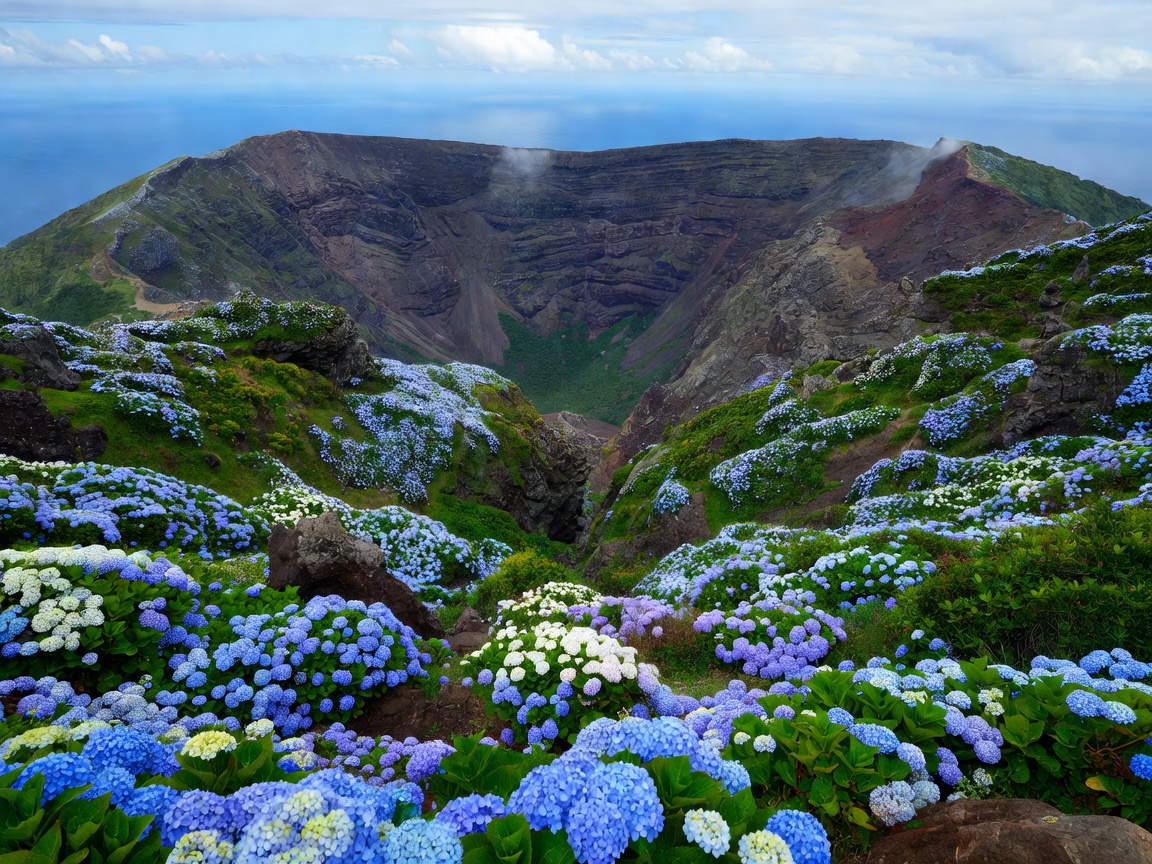 Volcanic caldera and lush hydrangea slopes in Faial Azores