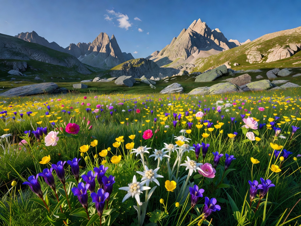 Wild mountain meadow in Julian Alps with alpine flowers